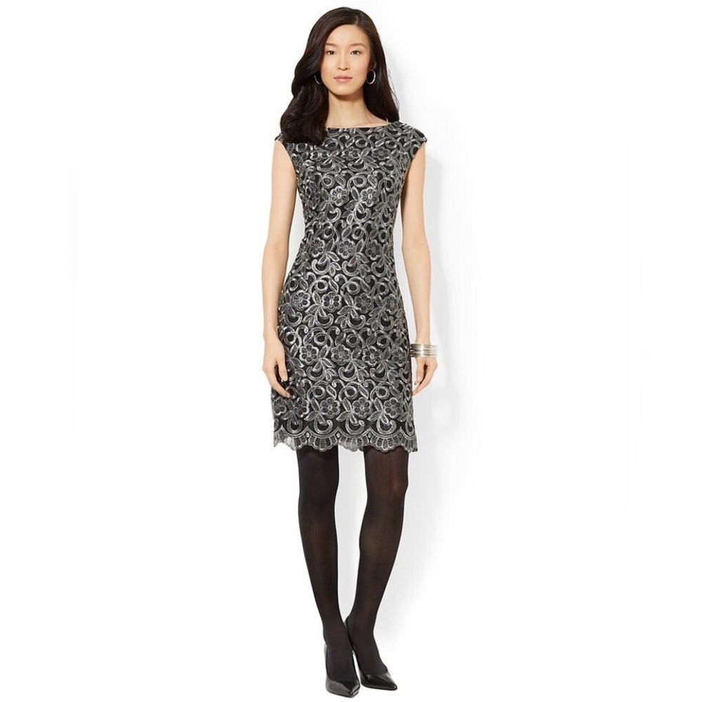 Lauren Ralph Lauren Metallic Embroidered Floral Cap Sleeve Sheath Dress …